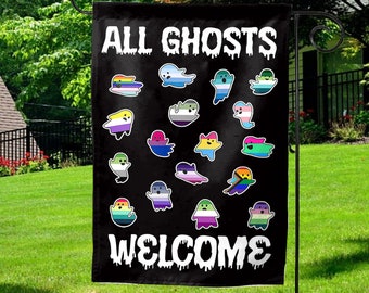 All Ghosts Welcome Garden Flag, Spooky LGBTQIA Yard Flag, Safe Space Fall Garden Flag, LGBT Pride Ally Halloween Flag, LGBTQ Decor SJ3Z23