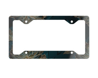 Gold Flowers / Dark Blue Design Metal License Plate Frame