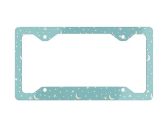 Moon and Stars / Baby Blue Metal License Plate Frame