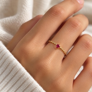 Red Zircon Delicate Rope Gold Ring, Gold Finish 925 Sterling Silver Twisted Band, Dainty Gemstone Ring for Women