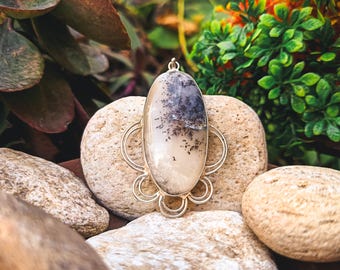Natural Dendritic Agate Pendant | Oxidized 925 Silver Plated Tree Stone Necklace