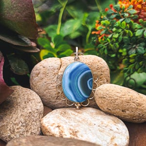 Natural Blue Banded Agate Pendant | Striped Gemstone Necklace | Handmade Boho Crystal Jewelry | Silver Gift for Her