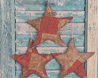 Primitive Tattered Quilt Star Ornaments (set of 3), Rustic Farmhouse Americana Decor