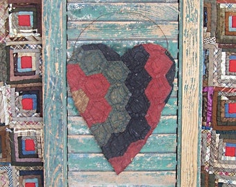 Primitive Heart Hanger made from Antique Quilt, Tattered Heart Farmhouse Decor, Grandmother's Flower Garden Quilt Pattern - READY TO SHIP
