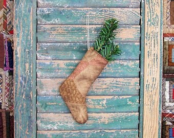 Primitive Christmas Stocking Ornament made from Antique Quilt, Farmhouse Decor, Double Pink and Mustard Gold - READY TO SHIP