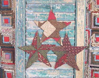3 Primitive Star Ornaments made from Civil War Era Antique Quilt, Rustic Tattered Farmhouse Stars, Brown Green Red - READY TO SHIP