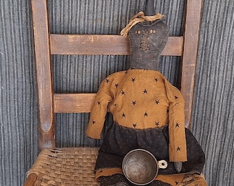 24" Primitive Witch Timeworn Heirloom Art Doll - OOAK - Signed & Dated Handmade Halloween Folk Art
