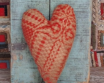 HANDMADE - Primitive Heart Pillow or Bowl Filler made from Antique Coverlet - Red & Ecru