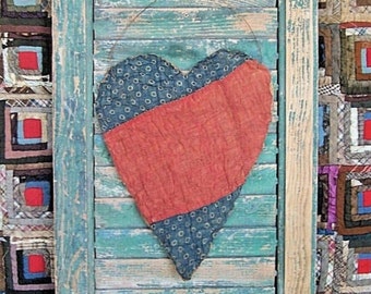 Primitive Heart Hanger, Large Tattered Heart, Rustic Americana Wall Decor, Faded Red Indigo Blue - READY TO SHIP