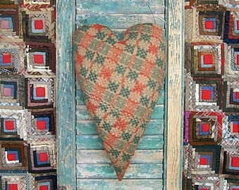 Primitive Heart Hanger, Antique Coverlet, Rustic Farmhouse, Colonial Christmas Decor, Valentine's Day Stuffed Heart #4 - READY TO SHIP