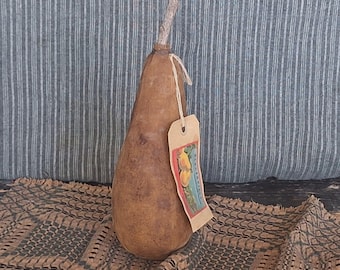 Grungy Primitive Pear with Label Tag, Handmade Painted Fruit, Rustic Farmhouse Cupboard Tuck