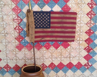 3 Large Primitive American Flags (choice of tags), Antique Look Stick Flag, Summer Patriotic Americana Farmhouse Decor - READY TO SHIP