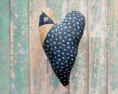 Rustic Heart, Primitive Heart, Antique Quilt Heart Ornament, Farmhouse Style, Primative Heart, Blue & White Star Quilt - READY TO SHIP