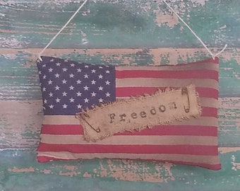 American Flag Ornament - FREEDOM, Handmade Farmhouse Bowl Filler, 4th of July Tiered Tray Decor, Red White Blue - READY to SHIP