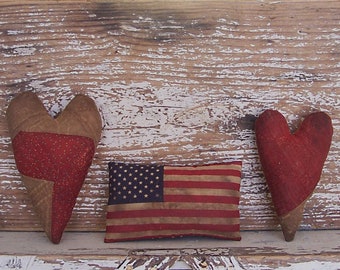 3 Primitive Heart & Flag Ornaments, Antique Quilt and Vintage Flag Fabric Bowl Fillers, Rustic Americana Farmhouse, Set #5 - READY TO SHIP