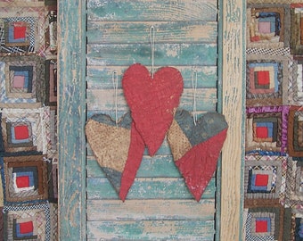 3 Primitive Tattered Heart Ornaments, Decorative Rustic Tattered Hearts, Antique Quilt, Americana Farmhouse Decor, Red/Blue - READY TO SHIP