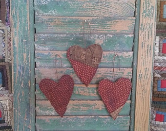 3 Tattered Heart Ornaments made from Antique Quilt - Tiny Stars #3 - READY TO SHIP