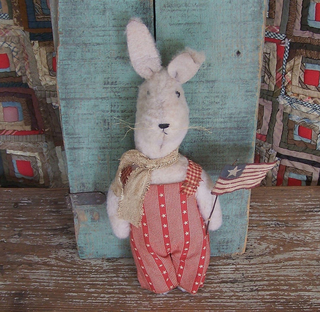 HANDMADE - Primitive Rabbit Doll in Red Americana Overalls With Hand ...