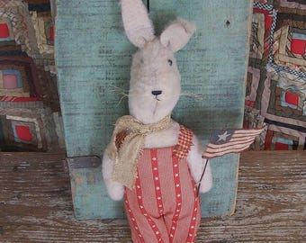 Primitive Americana Easter Bunny Doll in Red Overalls with Hand-Painted Flag