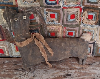 Primitive Black Rabbit Doll, Handmade Grungy Farmhouse Shelf Sitter Decor #1
