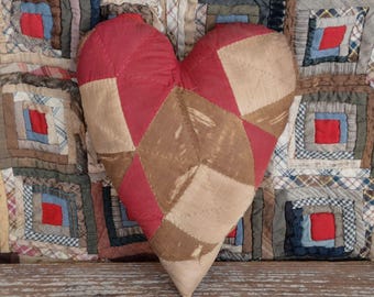 Primitive Heart Pillow made from WORN OUT Antique Quilt, Rustic Farmhouse Bowl Filler