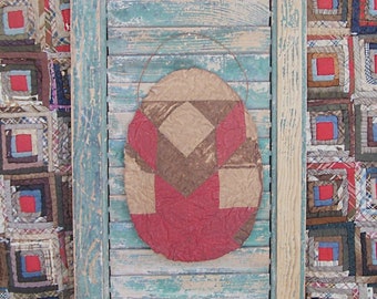 Tattered Egg Wall Hanger made from Antique Quilt, Primitive Easter Decor, Red & Brown, WORN OUT - Ready to Ship