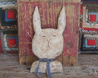 Primitive Rabbit Doll, Bunny Bust, Rustic Farmhouse Decor, Grungy White