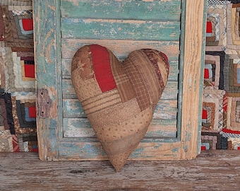 Almohada en forma de corazón hecha con una colcha antigua de cabaña de troncos, relleno para cuenco de arte popular primitivo n.° 2