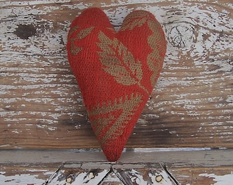 Rustic Heart Ornament made from Antique Coverlet, Primitive Stuffed Heart, Americana Farmhouse Decor #14, Red & Ecru - READY TO SHIP
