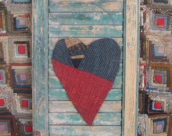 Primitive Heart Hanger made from Antique Quilt, Tattered Farmhouse Decor #15
