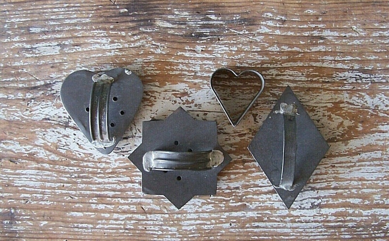 Antique or Very Vintage Cookie Cutters set of 4, Hearts, Star, Diamond Sold AS IS image 1