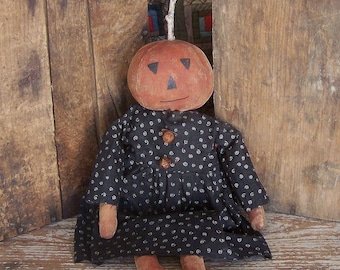 HANDMADE - Primitive Halloween Pumpkin Doll, Handmade Rustic Folk Art Cupboard Tuck #2