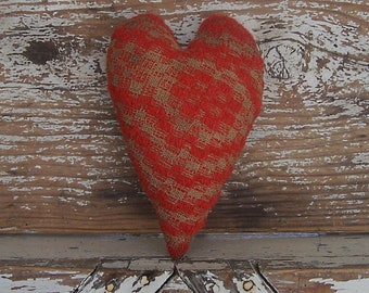 Rustic Heart Ornament made from Antique Coverlet, Primitive Stuffed Heart, Americana Farmhouse Decor #17 - READY TO SHIP