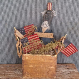 Primitive Uncle Sam Doll in Antique Dovetailed Box & 3 Flags, Americana Folk Art
