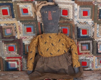 Muñeca de arte primitivo de bruja de 61 cm (24 pulgadas), pieza única, con aspecto envejecido, firmada y fechada. Arte popular de Halloween hecho a mano.