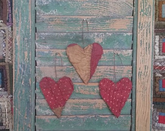 3 Tattered Heart Ornaments made from Antique Quilt #2 - READY TO SHIP