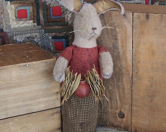 Rustic Easter Bunny Doll, Handmade Plush Felt Rabbit with Bay & Pomegranate Garland