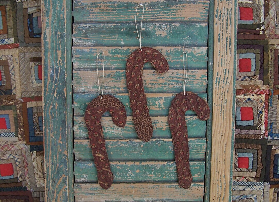 3 Candy Cane Christmas Ornaments, 1800'S Antique Quilt, Country Rustic