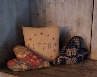 HANDMADE - Primitive Americana Gathering, Hearts made from Antique Quilt & Coverlet, Small Stenciled 1776 Pillow