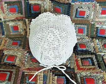 Antique Crochet Baby Bonnet, Vintage Handmade Spring Easter Bonnet for Baby, Heart Design - Sold AS IS - Ready to Ship