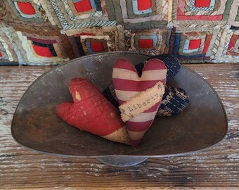 Primitive Americana Hearts - Set of 3 Bowl Fillers or Ornaments made from Antique Quilt, Coverlet & Flag Fabric - Old Glory Collection