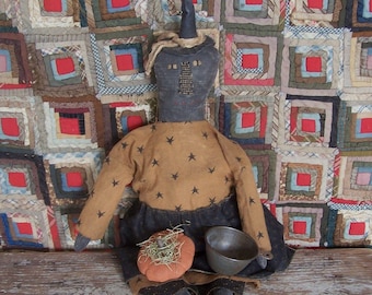 Muñeca de arte primitiva de bruja de 61 cm (24 pulgadas), pieza única, con aspecto envejecido, estilo reliquia familiar - Firmada y fechada - Arte popular de Halloween hecho a mano