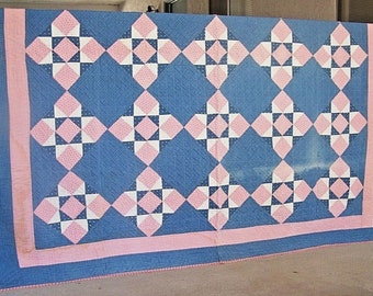 Antique Ohio Star Quilt, Indigo Blue & Double Pink Fabric, Handmade, Hand Quilted, Sold AS IS