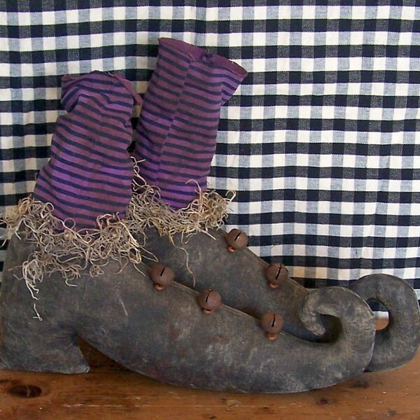 RESERVED for Kathy S. - Primitive Witch Shoes or Boots with Purple Striped Stockings, Rustic Halloween Decor, Primitive Halloween Accent