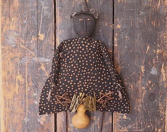 Primitive Wall Witch Doll with Gourd & Bay Leaf Garland