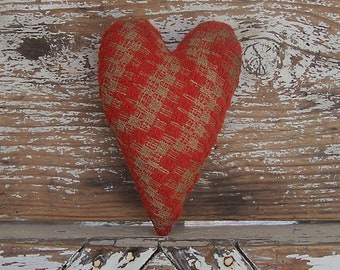 Rustic Heart Ornament made from Antique Coverlet, Red & Ecru Farmhouse Decor, Primitive Stuffed Heart #15 - READY TO SHIP