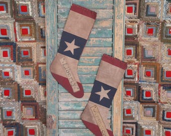 HANDMADE - Primitive Americana Stocking, Rustic Patriotic Folk Art July 4th Decor (choice of 1)