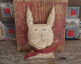 Primitive Rabbit Doll, Bunny Bust, Rustic Farmhouse Spring Decor, Easter Bunny Rabbit, Tiered Tray Decor, Grungy White #3 - READY TO SHIP