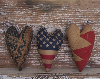 3 Primitive Heart Ornaments, Antique Quilt & Coverlet Cupboard Tucks or Bowl Fillers, Rustic Americana Farmhouse, Set #4 - READY TO SHIP