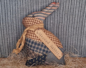 HANDMADE - Primitive Rabbit Doll made from Antique Quilt Top, Cupboard Tuck or Shelf Sitter - "Mended Rabbit"